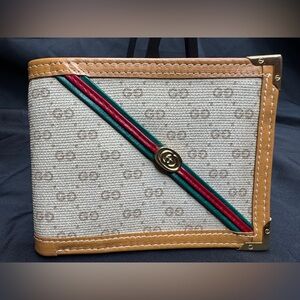 Gucci Rare Canvas and Tan Leather Bifold Wallet with Red-Green Web and Gold GG